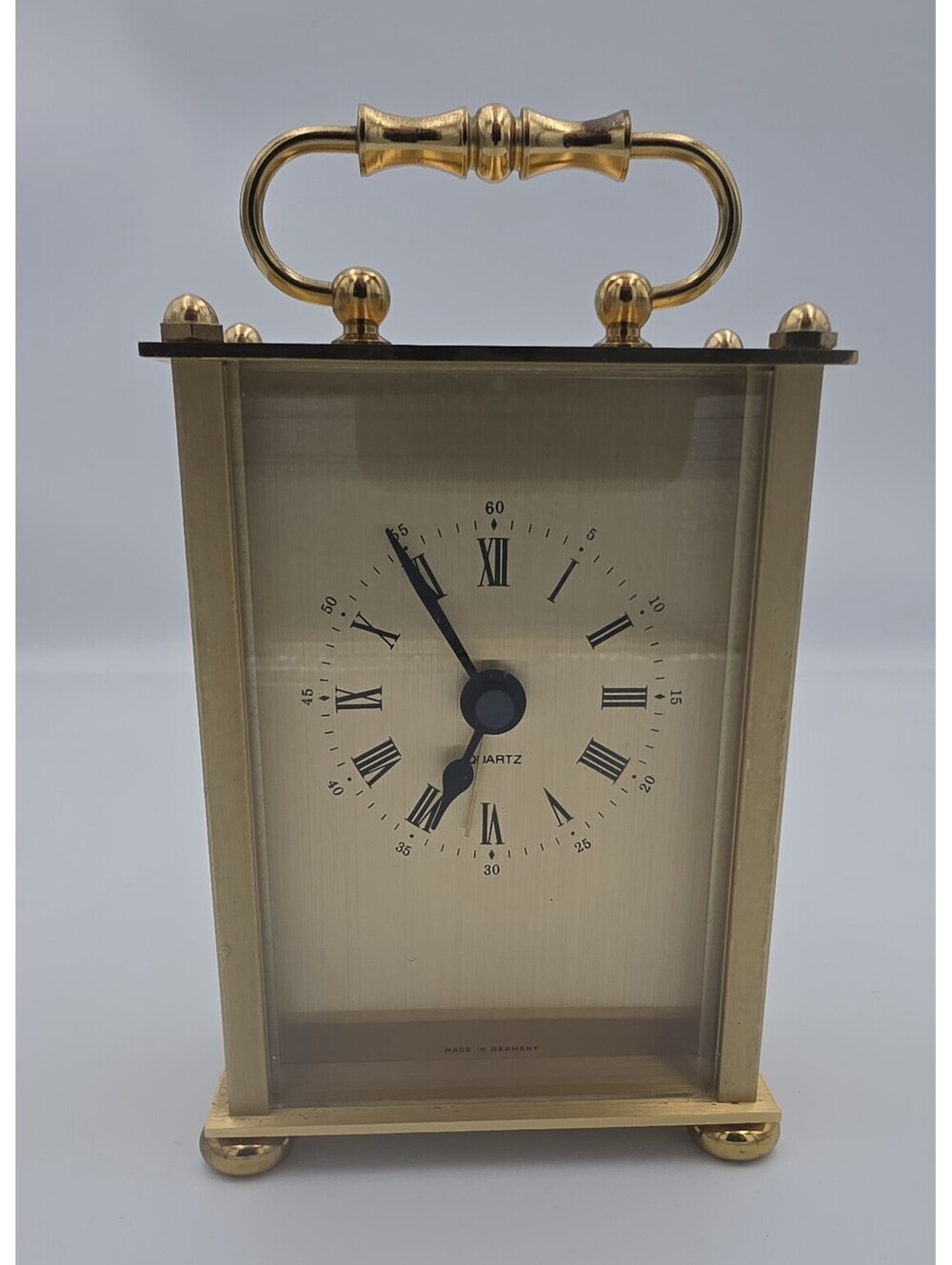 Vintage Gold Tone Quartz Carriage Mini Desk Clock with Roman Numerals